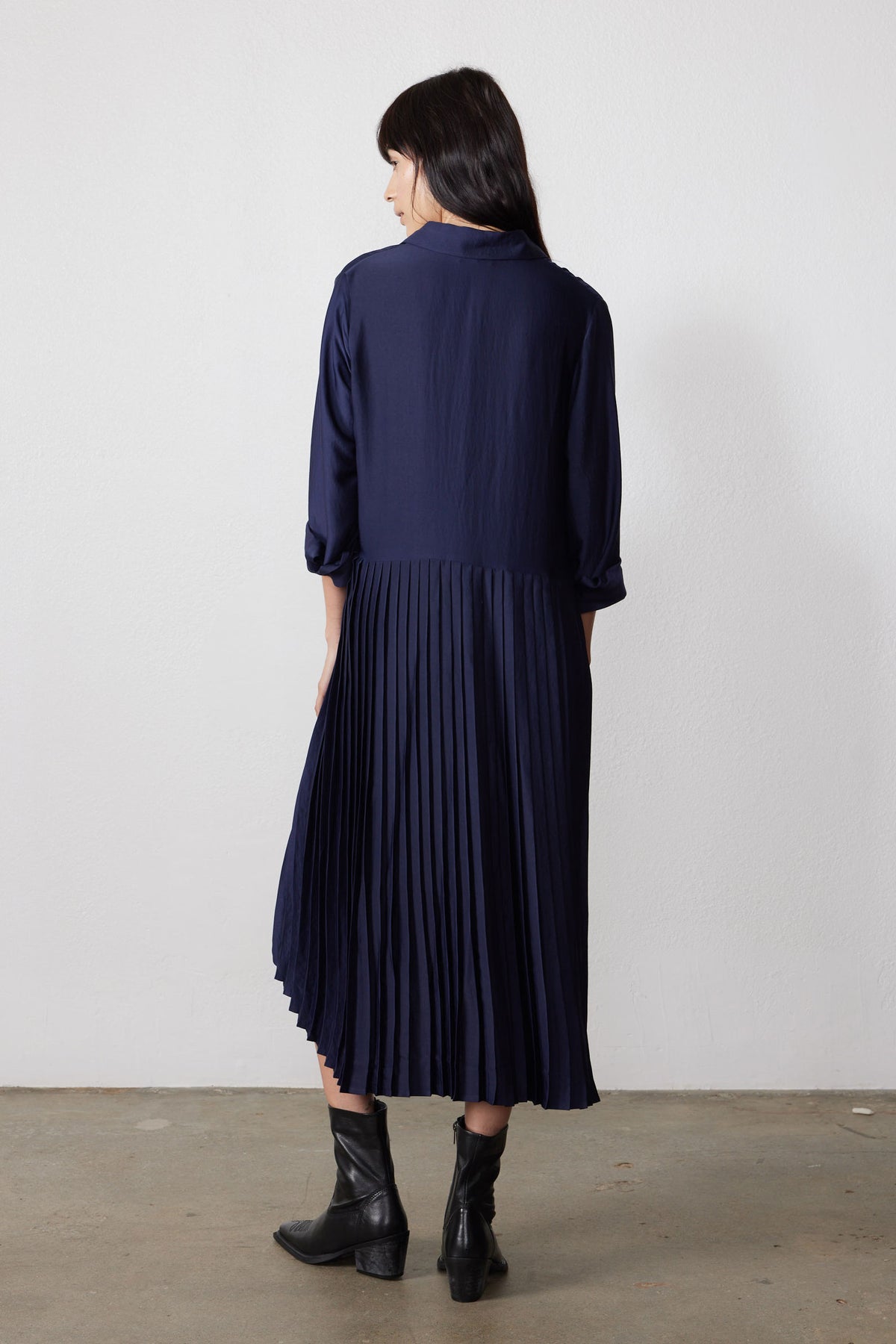 Ink one-side pleated long-sleeve dress, button front, back view