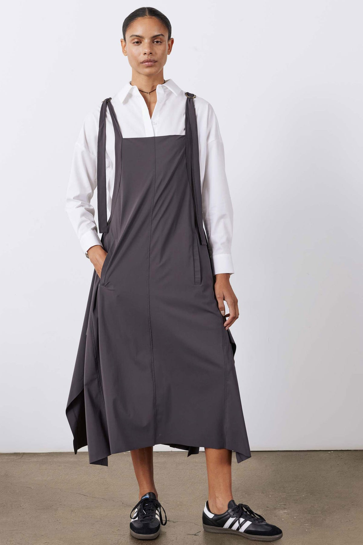 Graphite gray sleeveless sarafan dress with draped front panel and adjustable straps