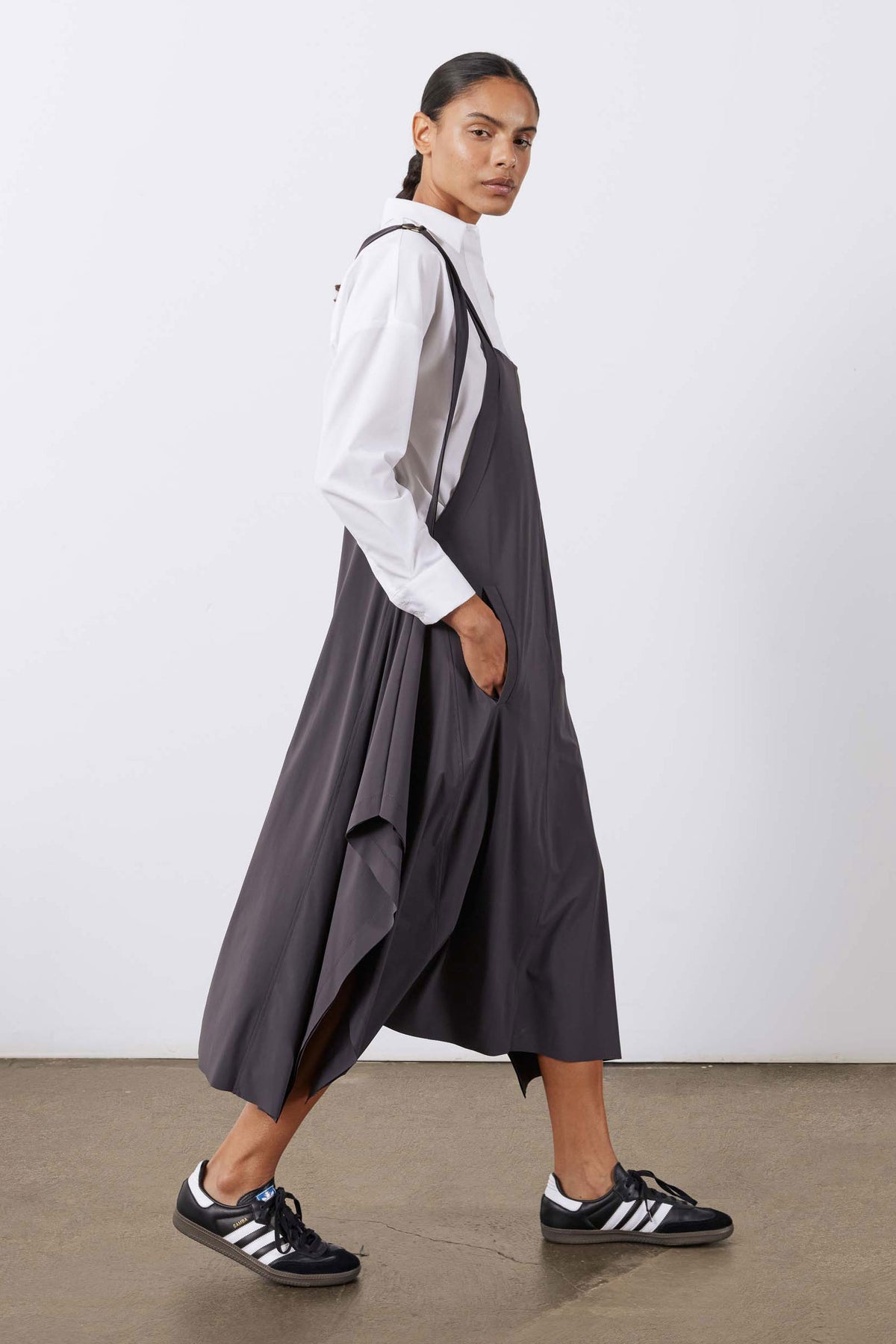 Graphite gray sleeveless sarafan dress with draped side panels and adjustable straps
