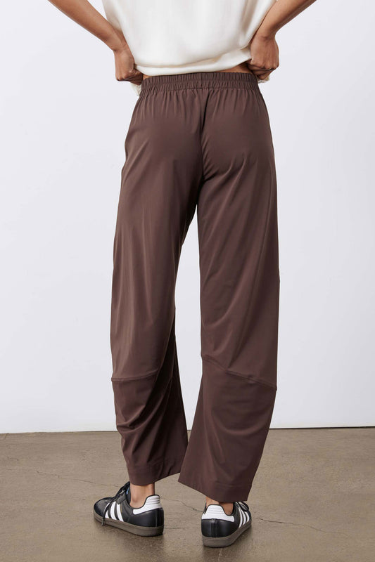 Coffee brown wide-leg work pants with elastic waist and relaxed straight legs