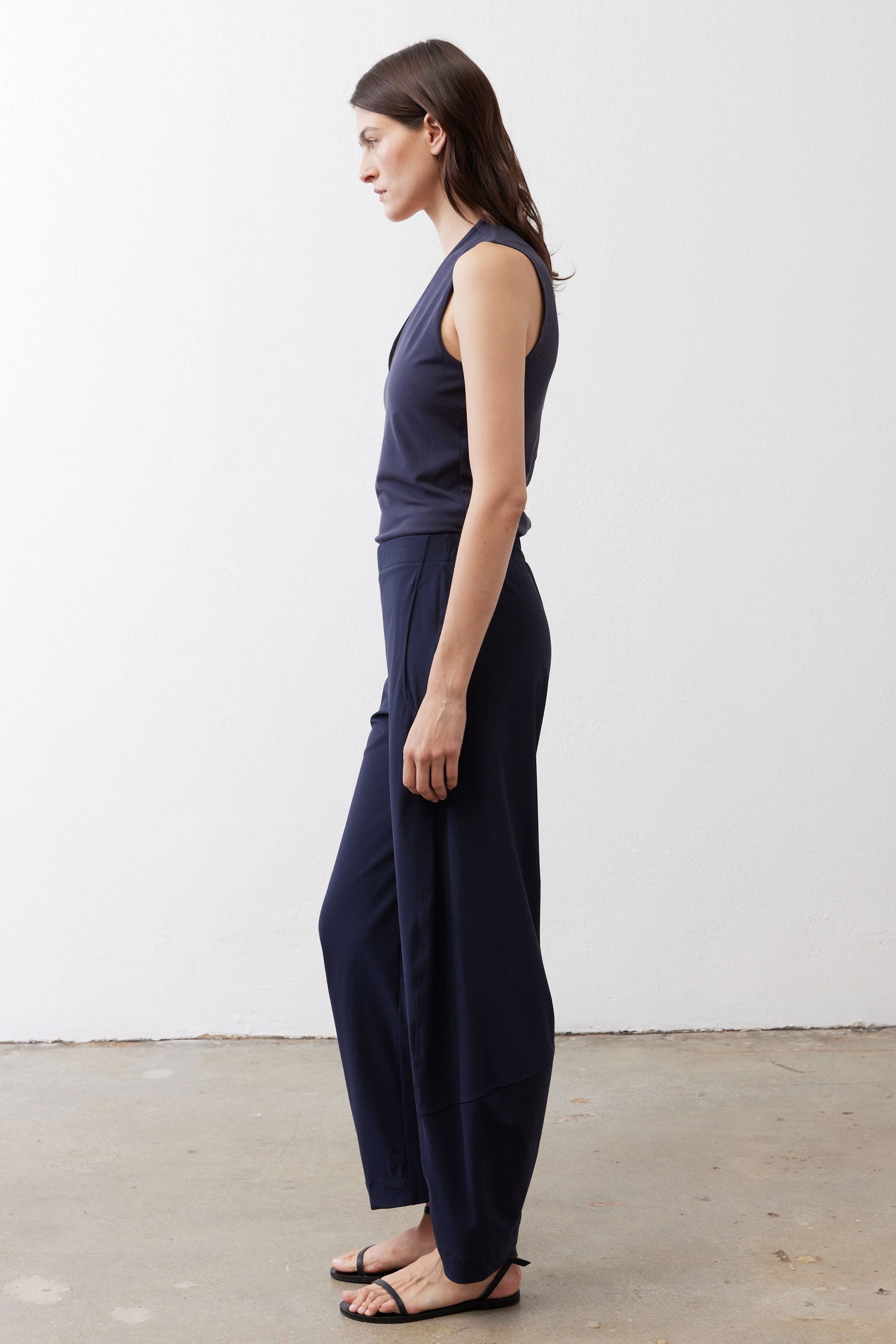 Deep Sea work pants, side profile view with relaxed legs and elastic waistband