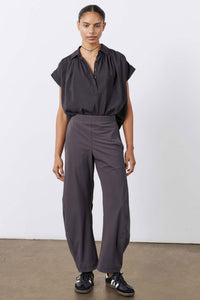 Graphite loose work pants with elastic waist and wide straight legs