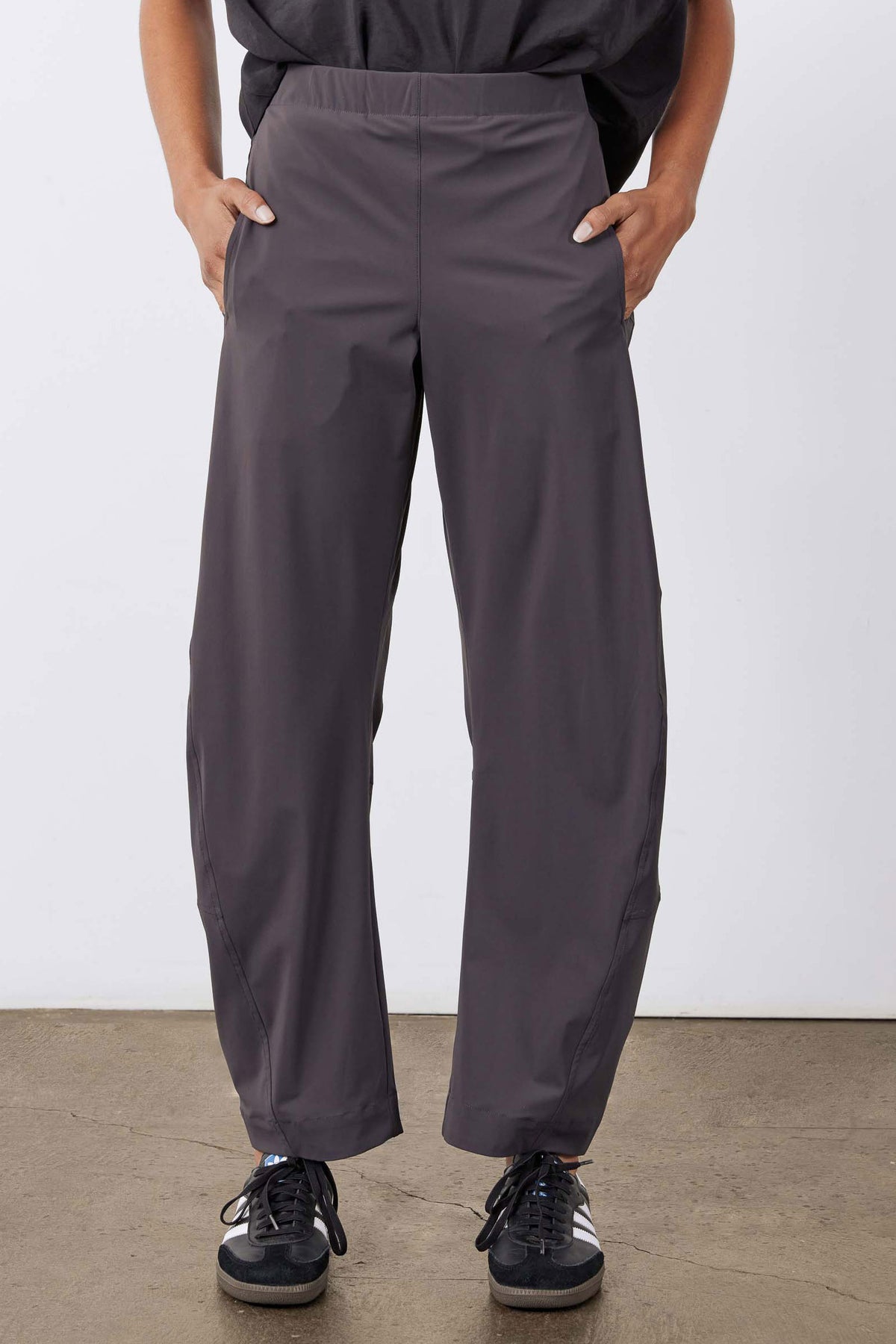 Graphite wide-leg work pants with elastic waistband and roomy straight legs