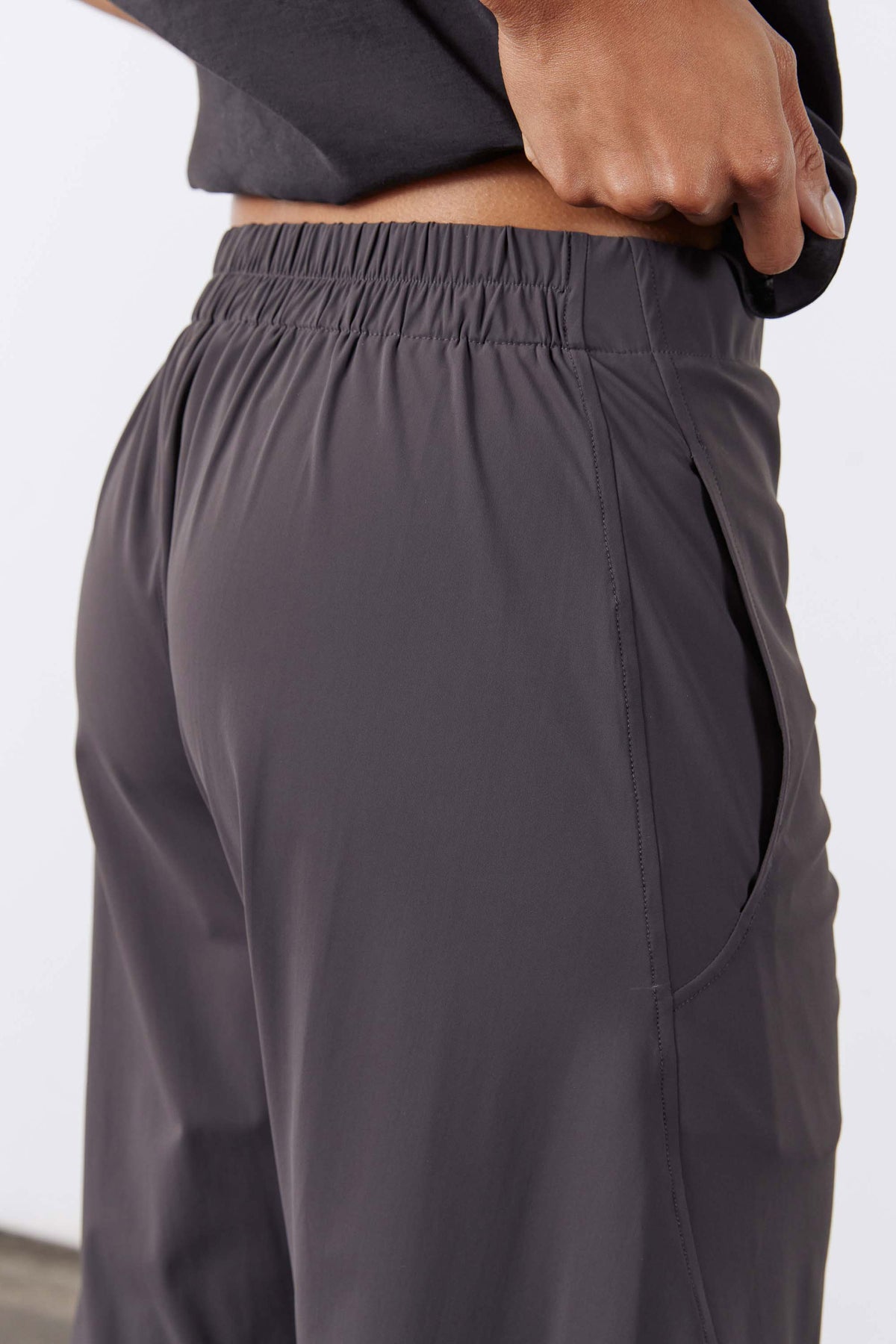Graphite pull-on work pants with elastic waistband and side seam pockets