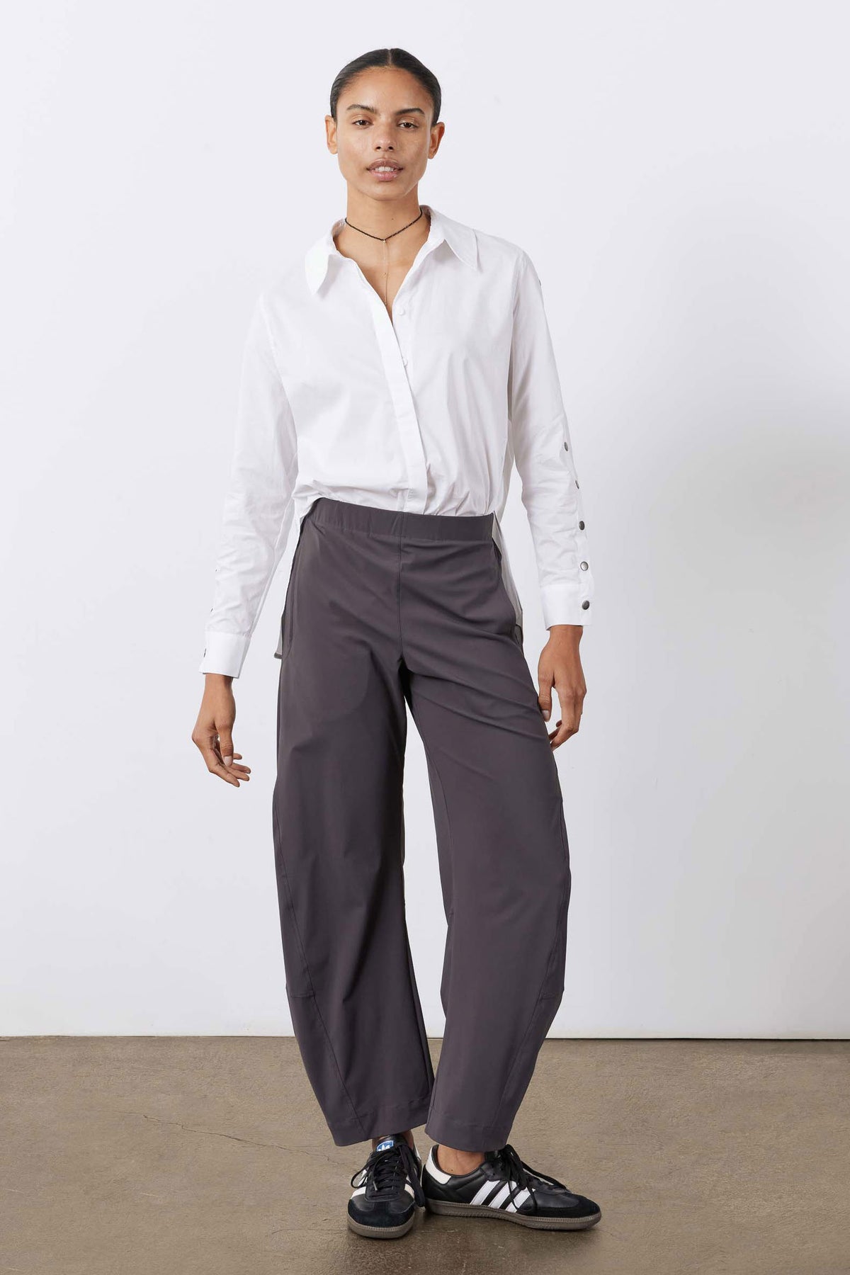 Graphite work pants full length front view with wide leg opening and elastic waistband