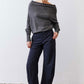 Petite dark navy work pants, relaxed ankle-length style with elastic waistband.