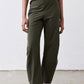 Olive work pants with tapered legs and relaxed waist, front view