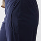 Navy waistband and front seam detail on loose work pants with gathered elastic back