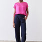 Navy work pants with relaxed leg, elastic waistband, and drawstring tie