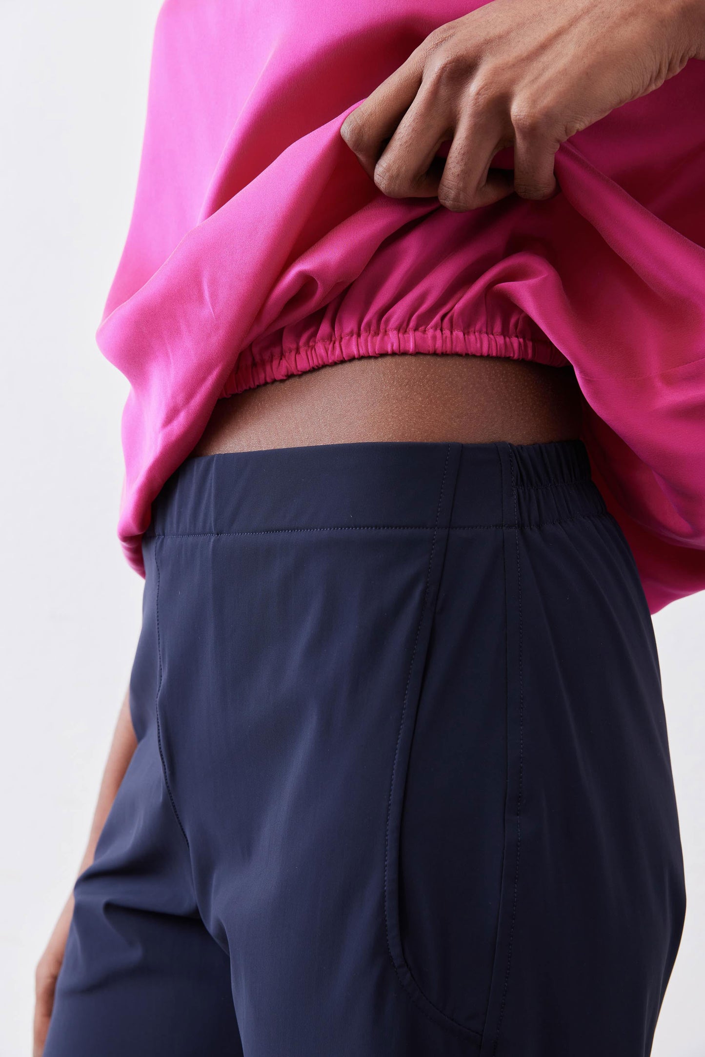 Deep sea work pants close-up showing elastic waist and curved front pocket