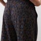 Dark leopard print pants with gathered elastic waistband and stretchy ruched waist