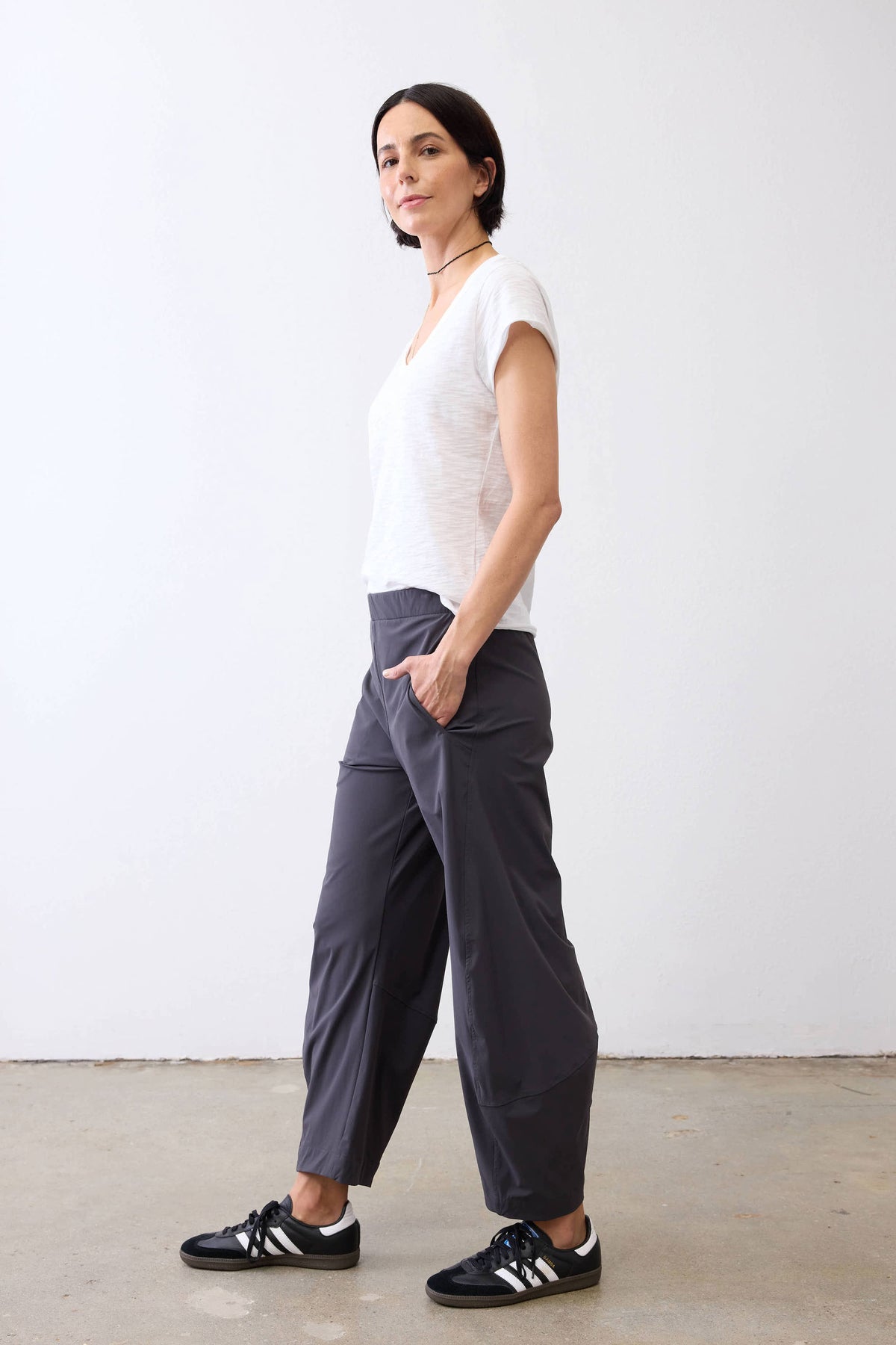 Graphite loose work pants with relaxed fit and cuffed hems