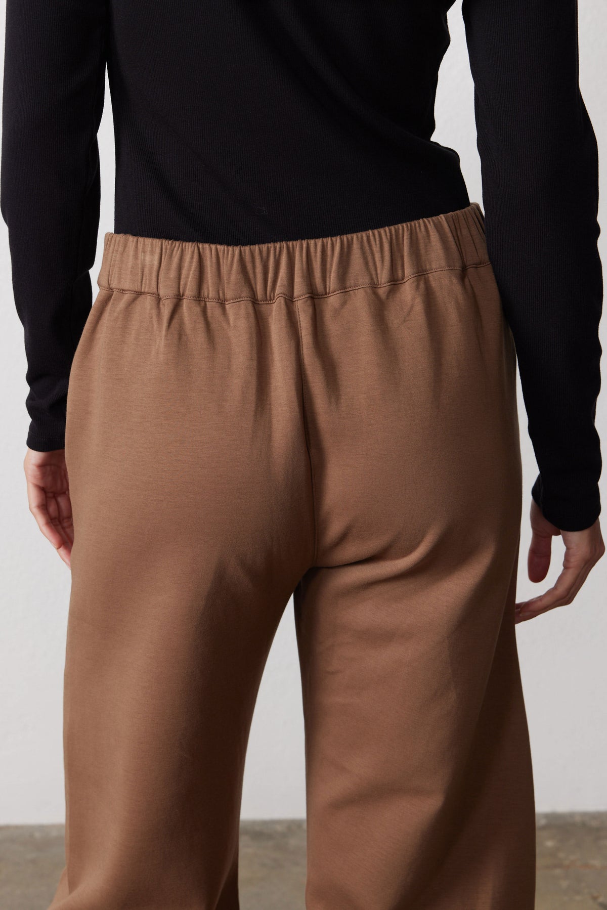 Mocha work scuba pants with elastic waistband and gathered back