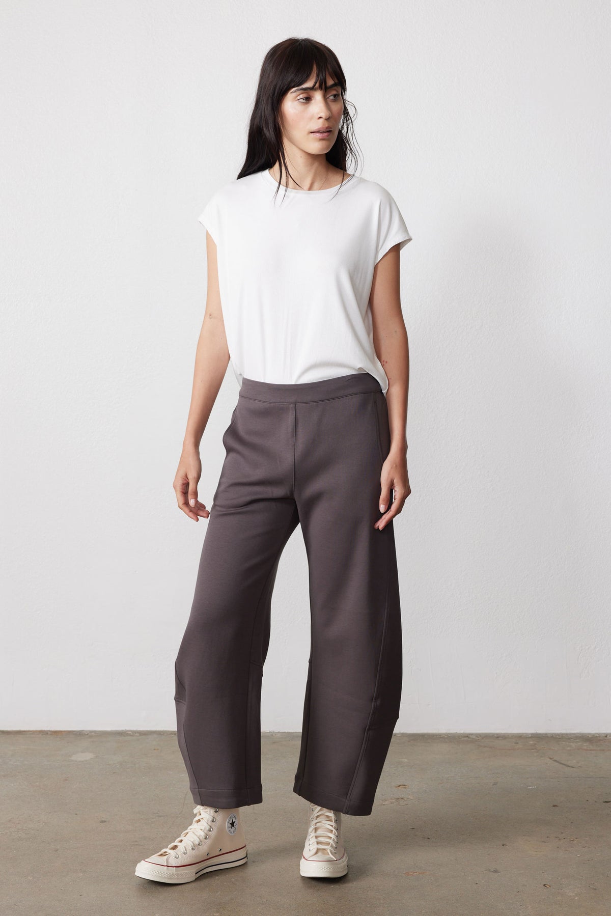 Storm gray wide-leg work scuba pants with elastic waist and straight relaxed legs
