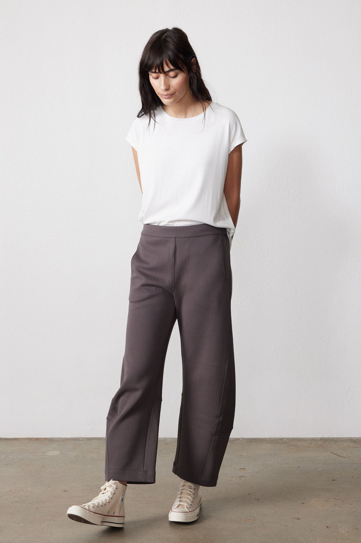 Storm gray work scuba pants with relaxed wide-leg fit and elastic waistband