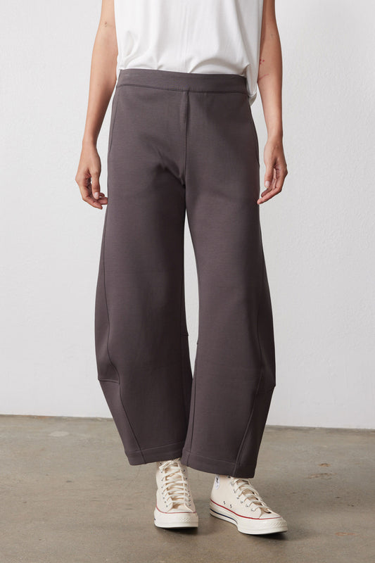 Storm gray work scuba pants with wide leg and clean straight drape