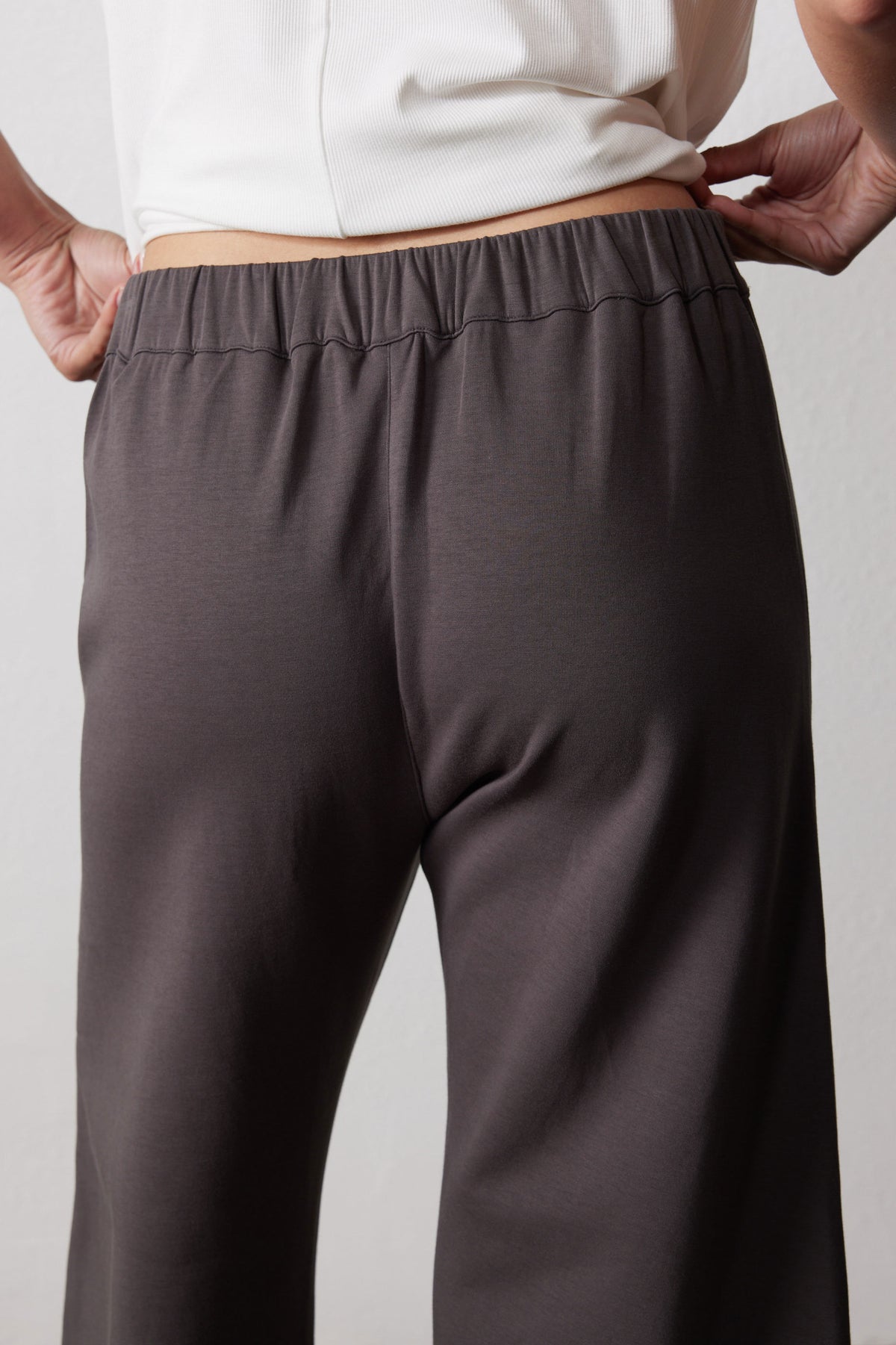 Storm gray work scuba pants detail: elastic waistband with stitched seams
