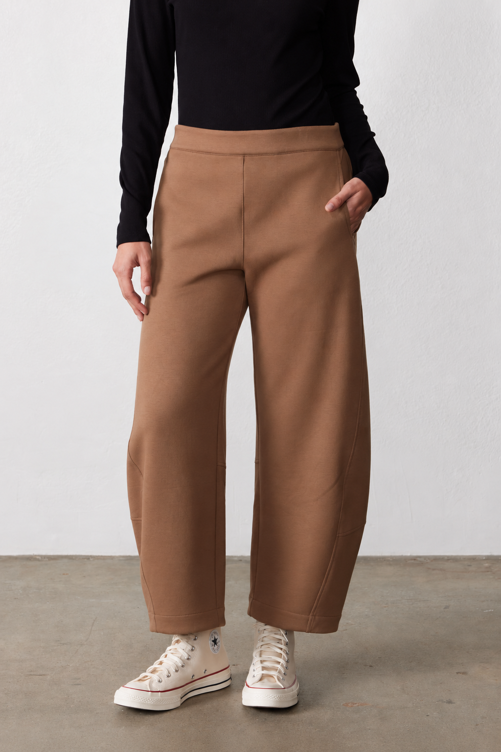 Mocha work scuba pants with elastic waist, side pockets, relaxed straight-leg fit