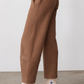 Mocha work scuba pants with elastic waist and side seams, tapered ankle cuffs