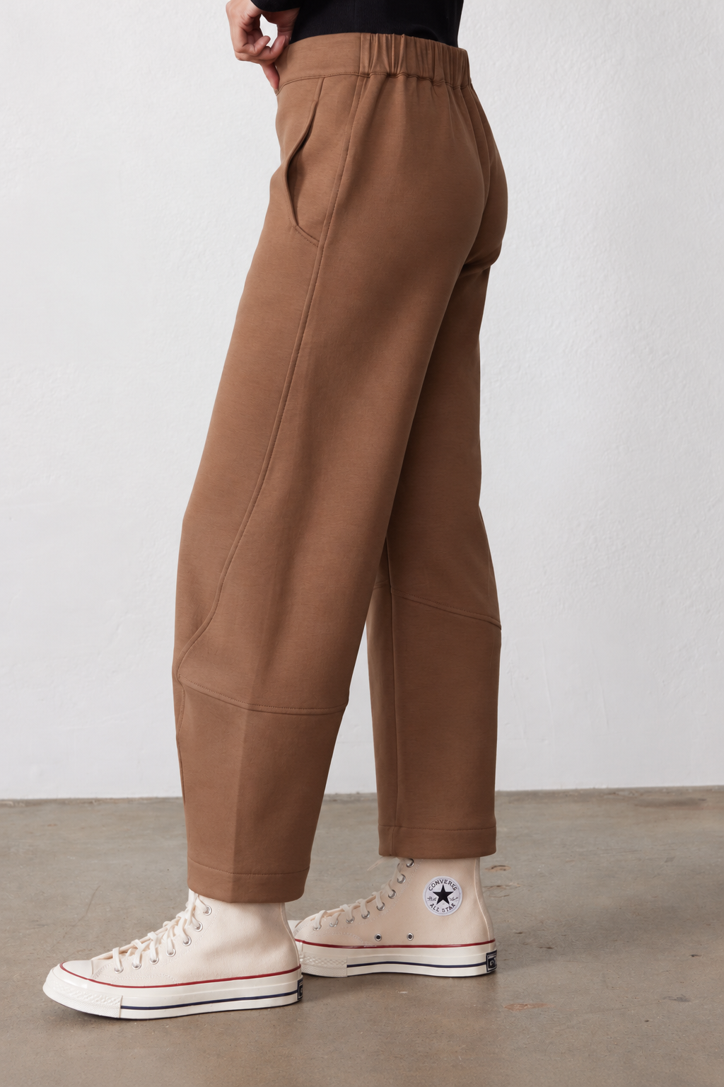 Mocha work scuba pants with elastic waist and side seams, tapered ankle cuffs