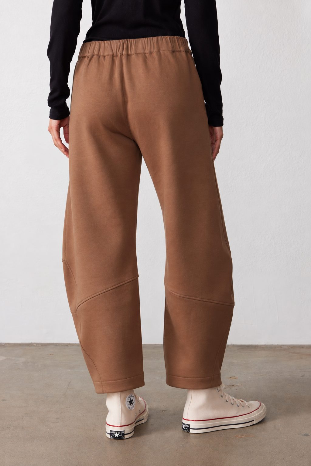 Mocha work scuba pants with elastic waistband, back seams, ankle-length relaxed legs