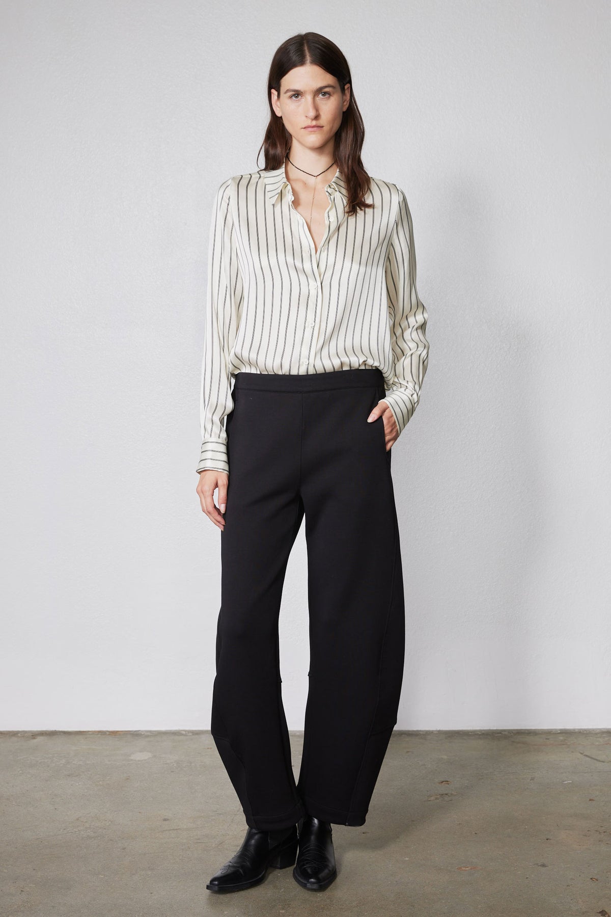 Black work scuba pants with high-rise waistband and wide straight legs