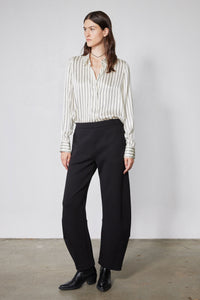 Black work scuba pants with wide-leg silhouette and high-rise waistband