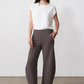 Storm gray work scuba pants with relaxed wide-leg cut and elastic waistband