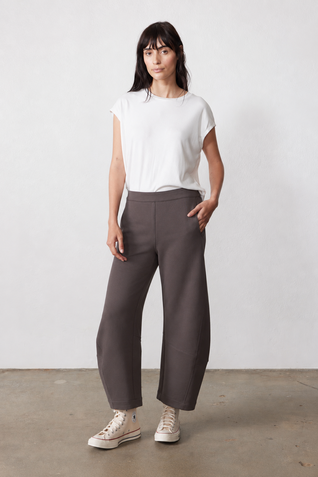 Storm gray work scuba pants with relaxed wide-leg cut and elastic waistband
