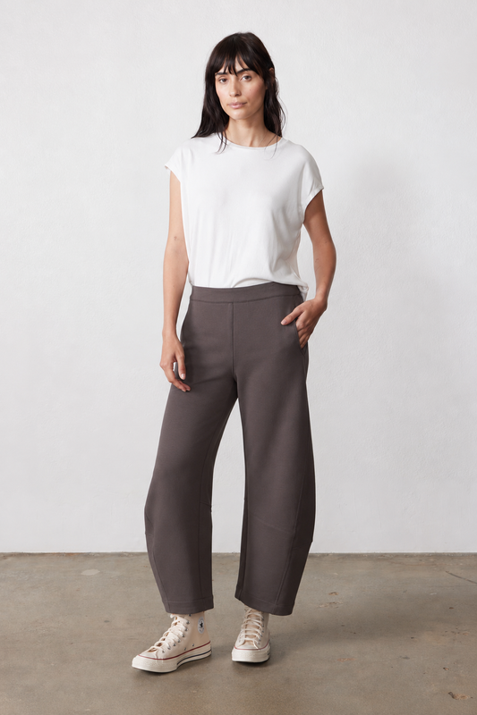 Storm gray work scuba pants with relaxed wide-leg cut and elastic waistband