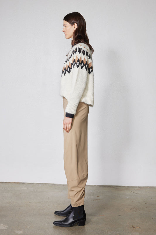 Dune tan relaxed work pants in side profile, straight legs and ankle-length hem