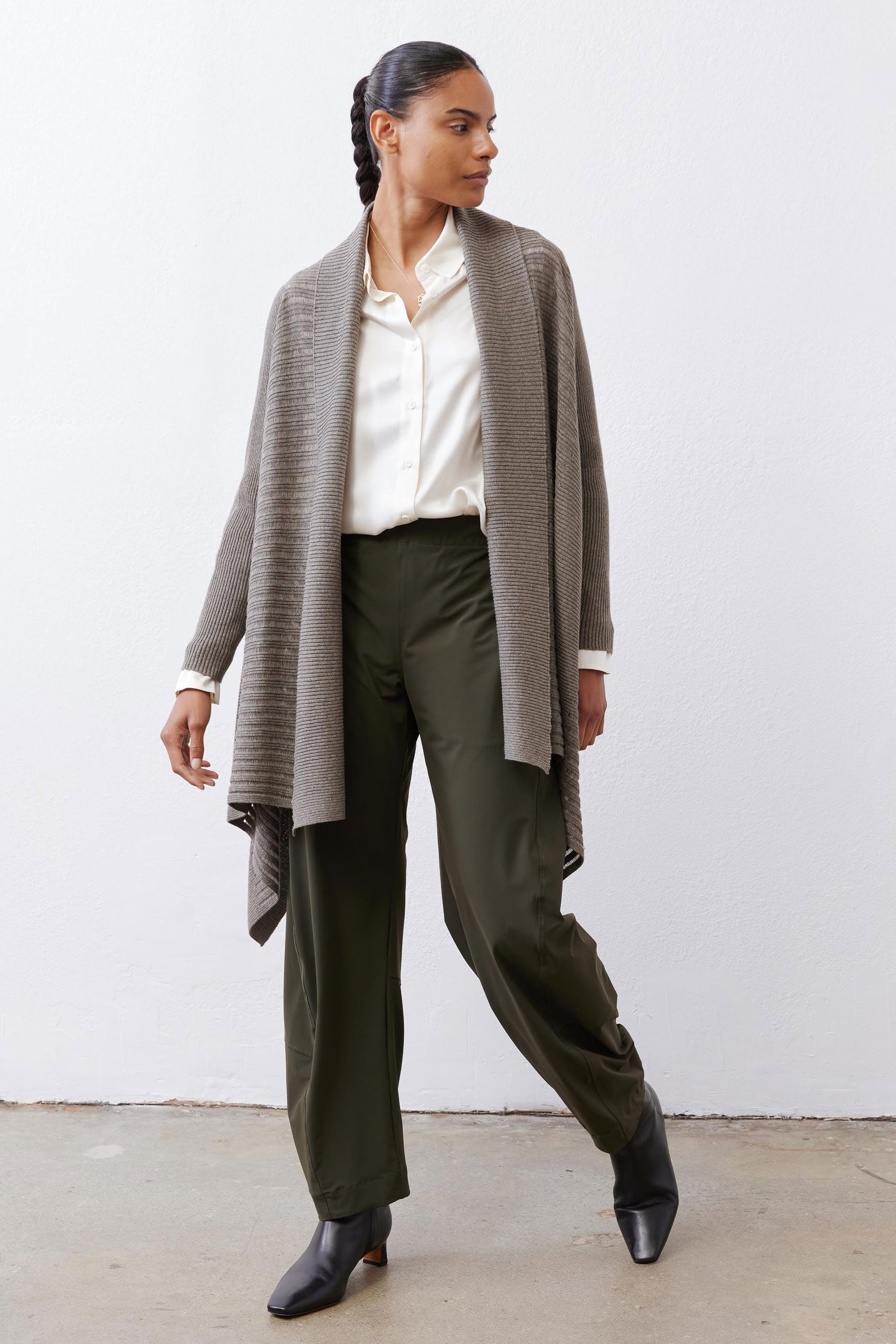 Sea gray open-knit cardigan with draped open front and long sleeves