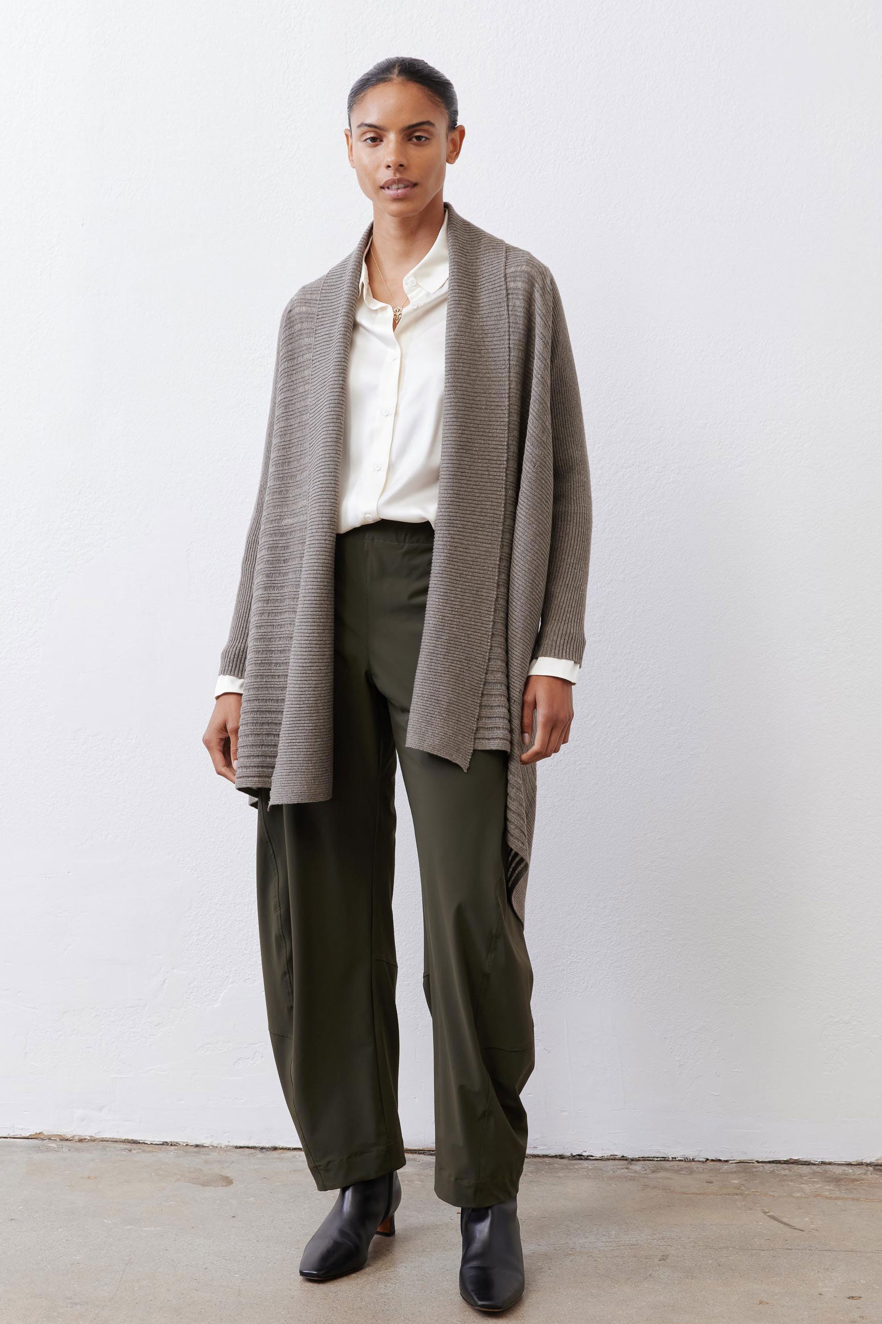 Sea gray open-knit cardigan with draped open front and asymmetrical hem