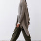 Sea gray open-knit cardigan with asymmetrical drape hem and long sleeves