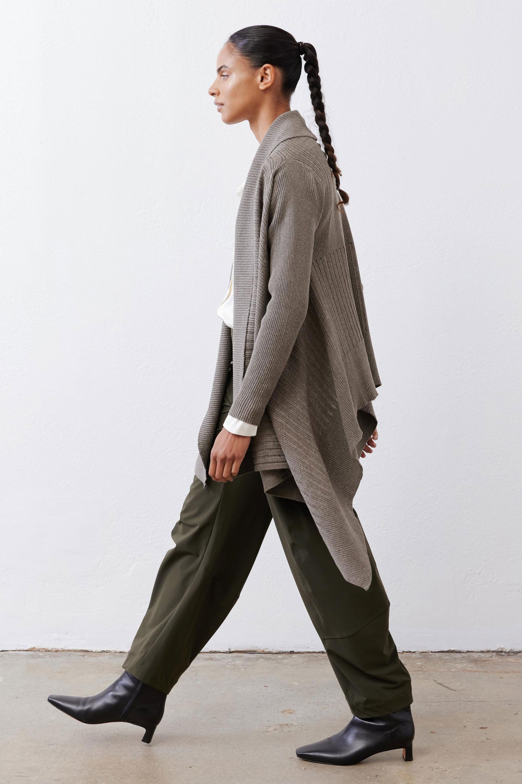 Sea gray open-knit cardigan with asymmetrical drape hem and long sleeves