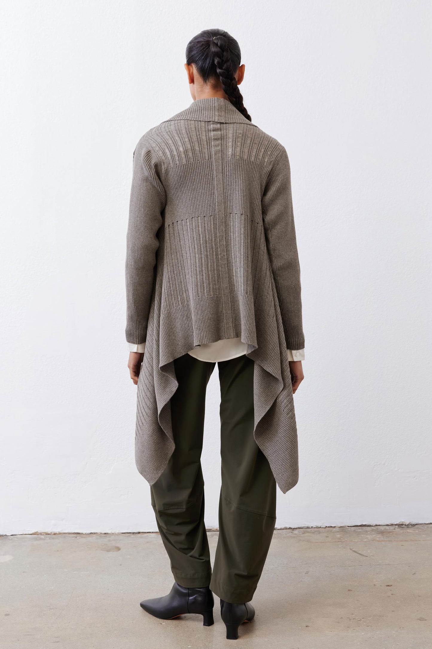 Sea gray open-knit cardigan, back view with draped asymmetrical hem