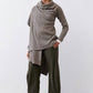 Sea gray open-knit cardigan with cowl neck and draped asymmetrical hem