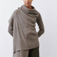 Sea gray open-knit cardigan with cowl neck, ribbed knit texture, long sleeves