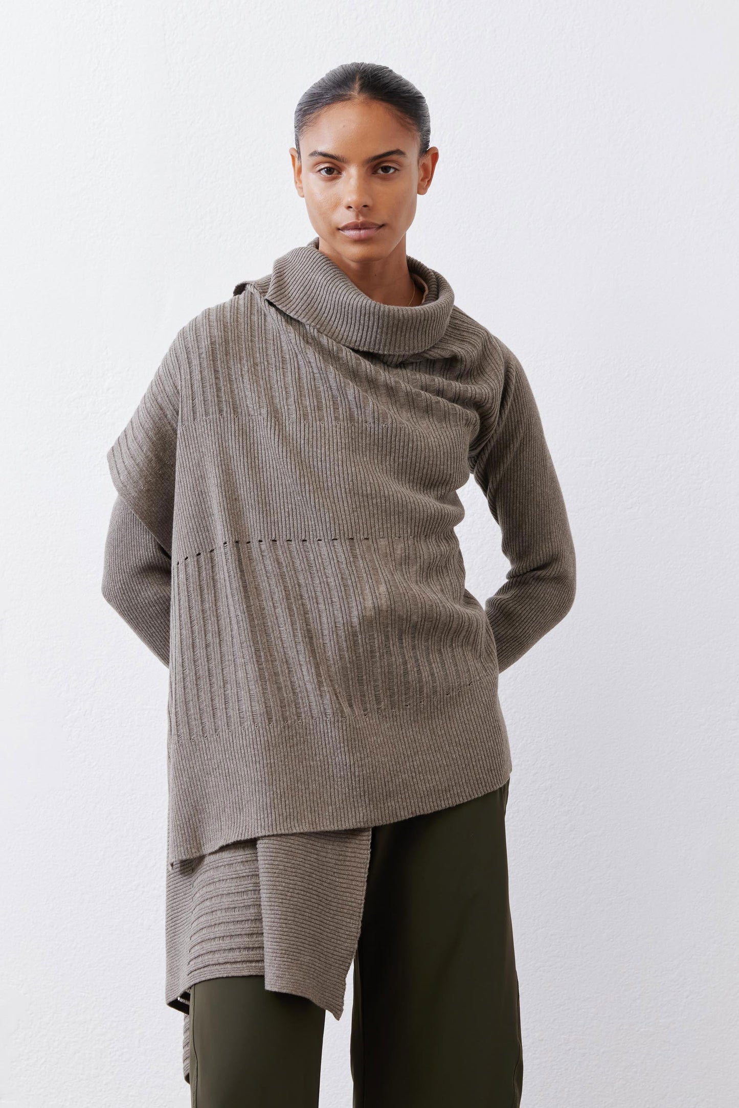 Sea gray open-knit cardigan with cowl neck, ribbed knit texture, long sleeves