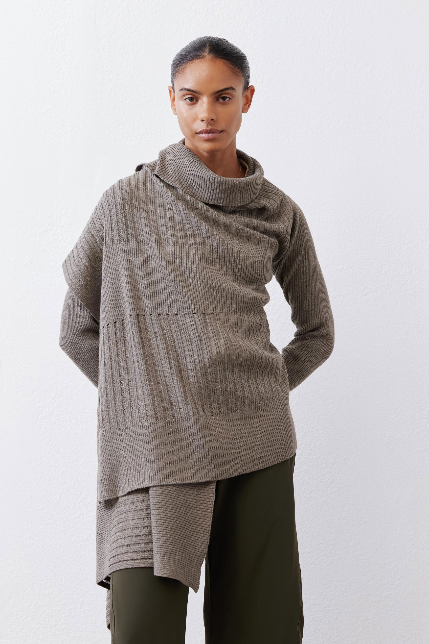 Sea gray open-knit cardigan with cowl neck, ribbed knit texture, long sleeves