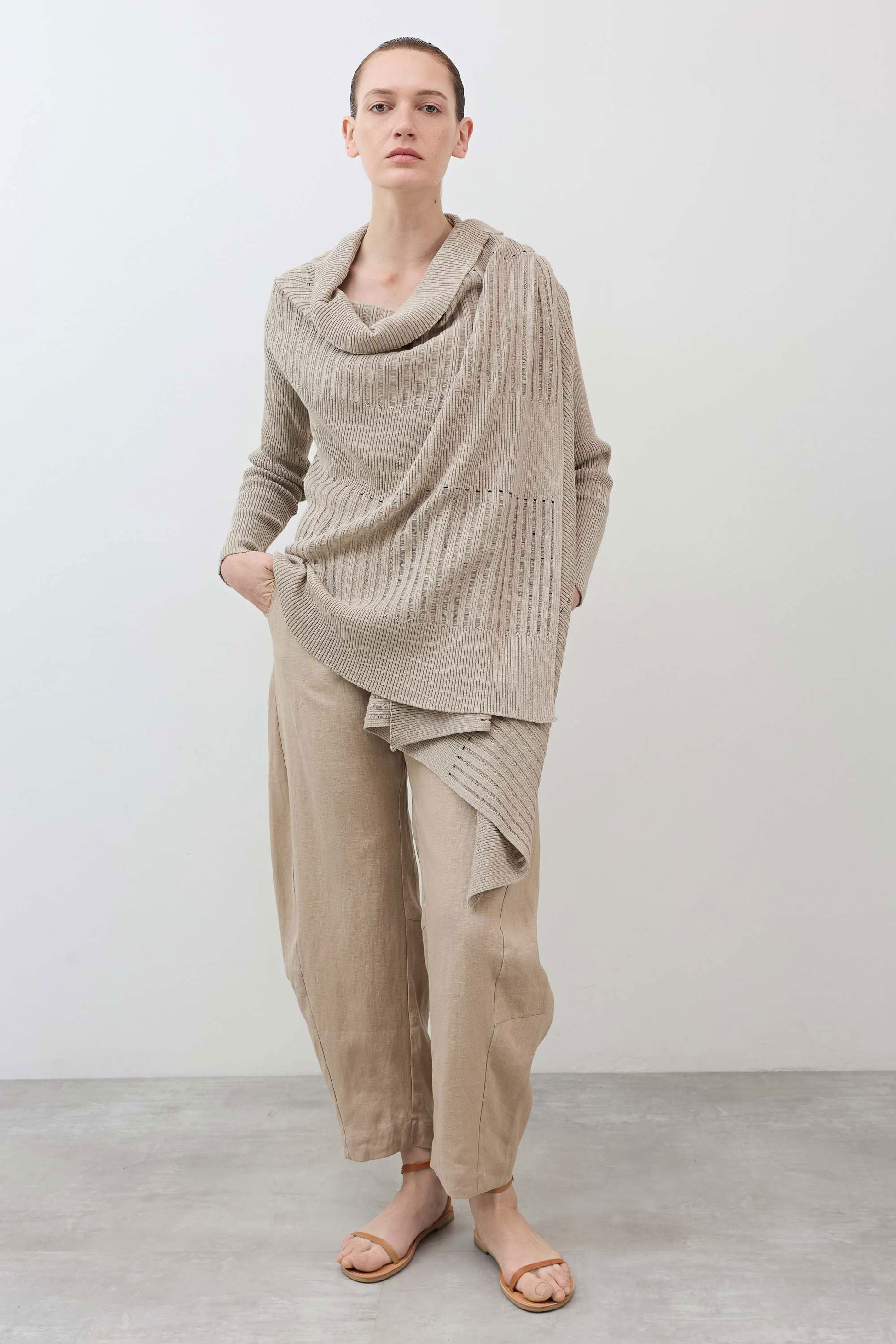 Open knit cardigan in light beige, cowl-like draped neckline with long sleeves