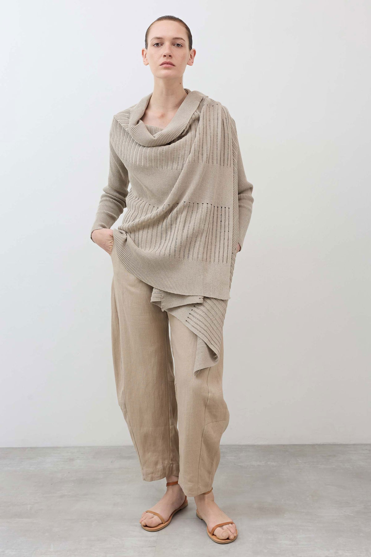 Marble sand open-knit cardigan, cowl-style neckline, long sleeves, asymmetrical hem