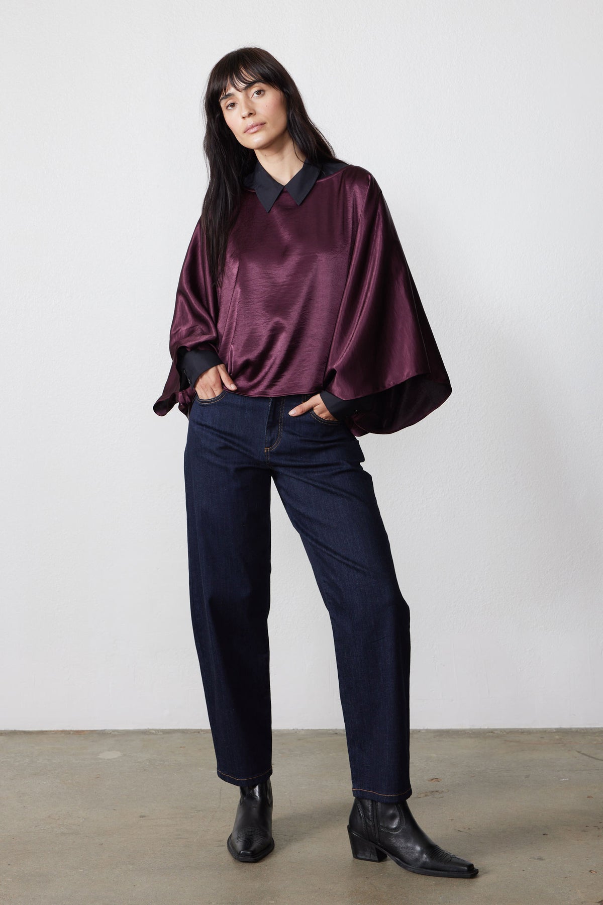 Midnight plum oversized flowy top with pointed collar and loose batwing sleeves