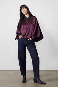 Midnight plum oversized flowy top with pointed collar and loose batwing sleeves