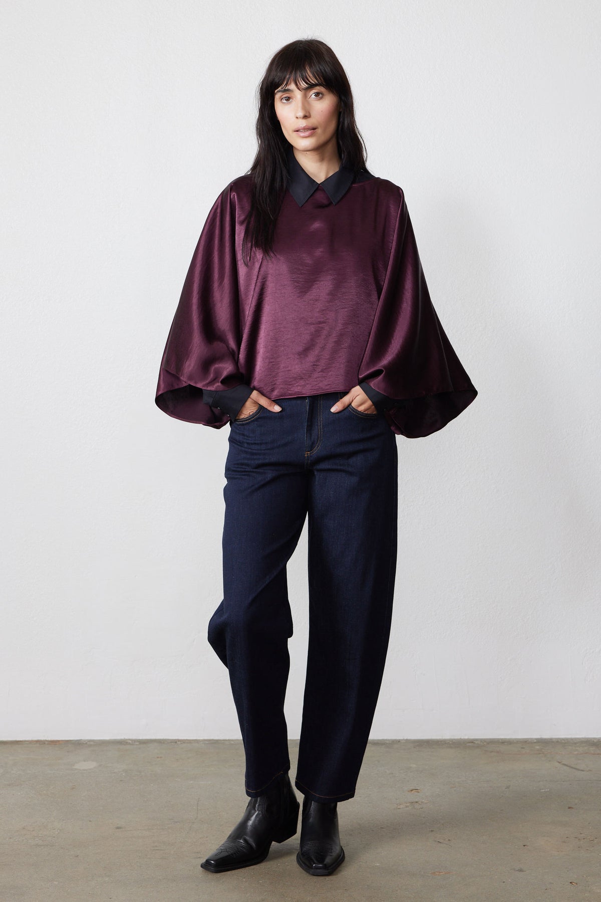 Midnight plum oversized flowy blouse with pointed collar and wide batwing sleeves