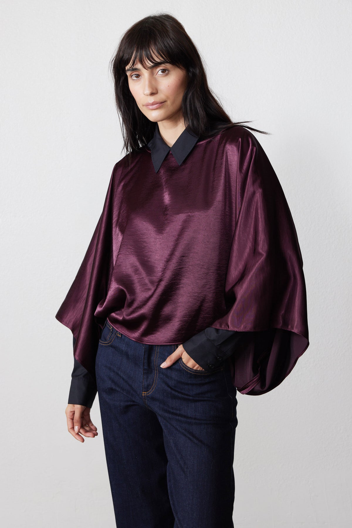 Midnight plum satin-like oversized top with pointed collar and wide sleeves