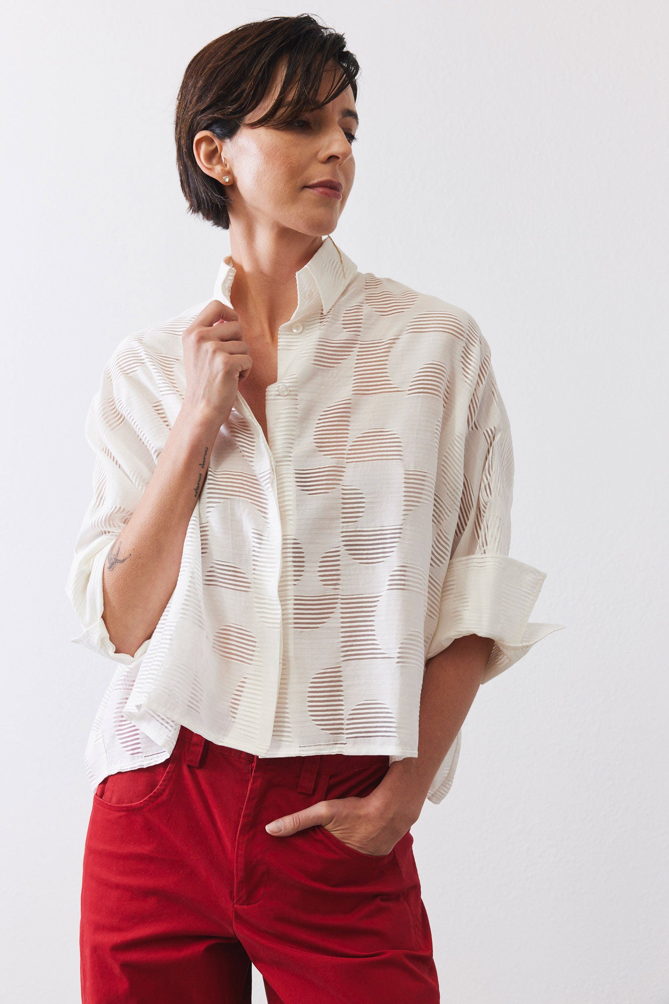 Oversized Geo Sheer Cropped Blouse