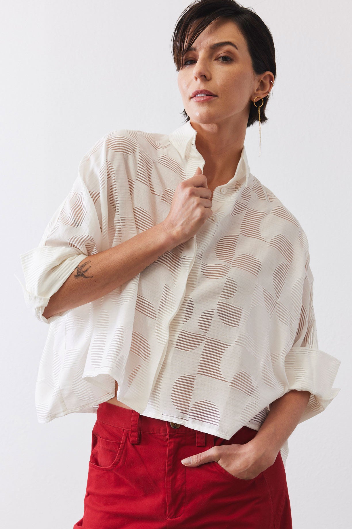 Oversized Geo Sheer Cropped Blouse