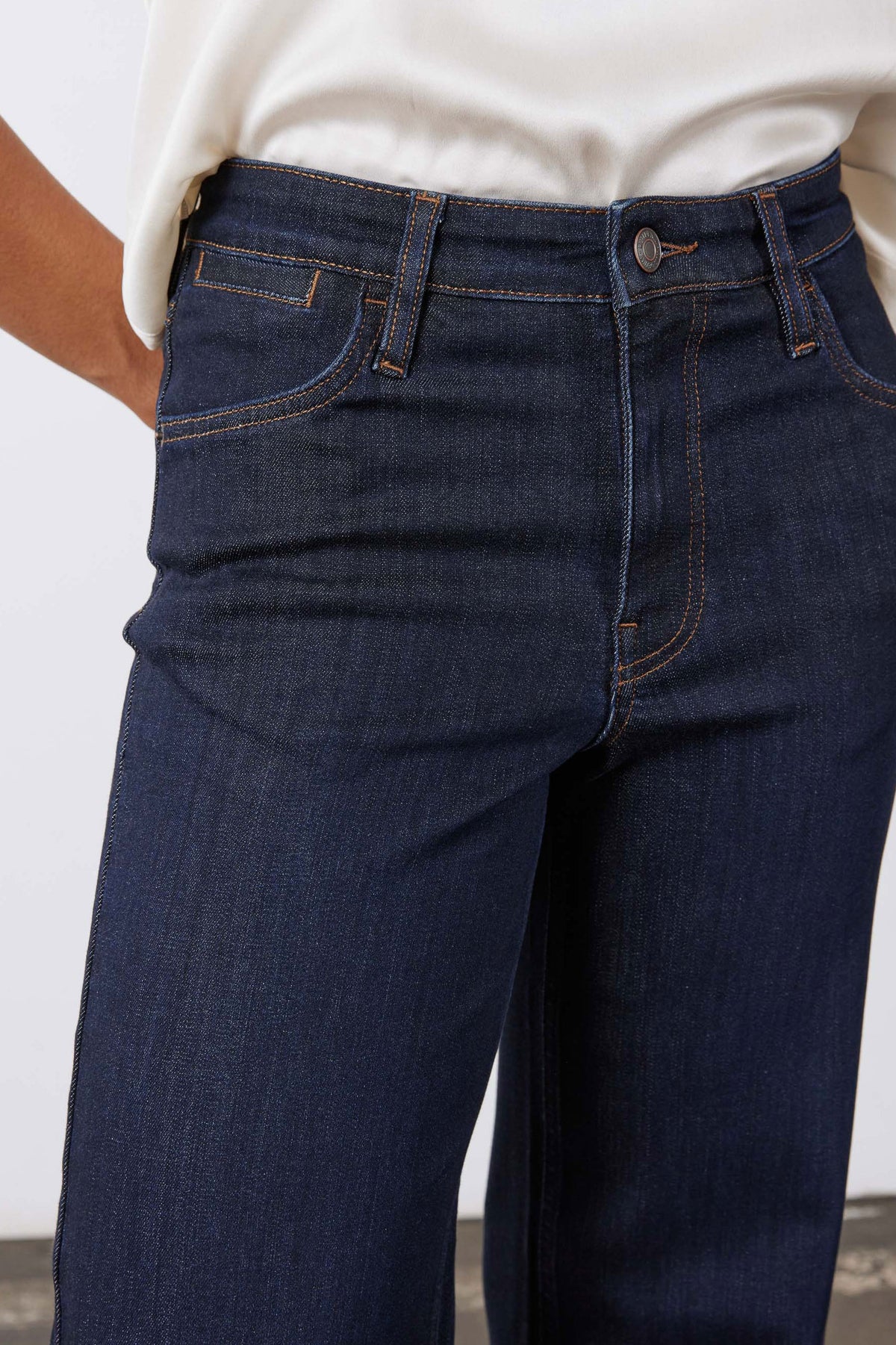 Dark blue denim palazzo jeans close-up of waistband, button, and front pockets