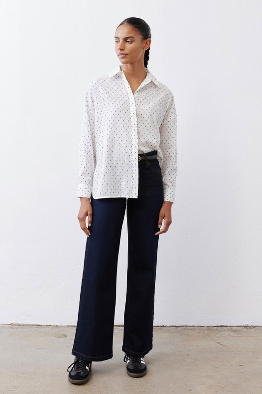 Dark ocean wash palazzo jeans with wide straight legs and mid-rise waist